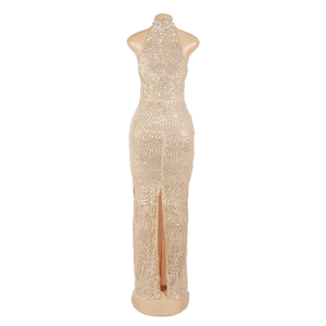 Robe de soirée longue élégante et glamour en sequins <span class=keywords><strong>champagne</strong></span> de haute qualité, fendue, drapée, style robe de bal, longueur ras du sol, pour l'hiver - Product Image 3