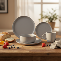 Service de table en grès de luxe élégant de style européen |   Ensemble de 4 assiettes et bols en céramique grise |   Compatible lave-vaisselle/micro-ondes/congélateur, résistant à la chaleur