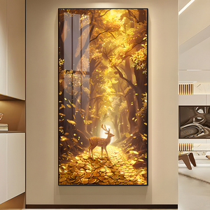 Dipinto Decorativo per Ingresso, Arte da Parete per Corridoio, Cervo Dorato con Lampada LED, Intarsiato con Cristalli di Diamante, Pittura in Porcellana - Product Image 4