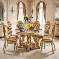 Ensemble de table à manger de luxe européen avec plateau tournant, cadre en bois massif sculpté doré, chaises en cuir PU, mobilier de salle à manger, vente en gros
