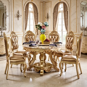 Ensemble de table à manger de luxe européen avec plateau tournant, cadre en bois massif sculpté doré, chaises en cuir PU, mobilier de salle à manger, vente en gros - Product Image 2