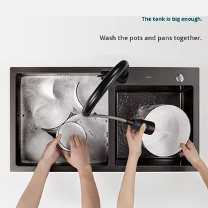 อ่างล้างจานสเตนเลสขัดเงาแบบสองหลุมทรงสี่เหลี่ยม ผลิตด้วยมือ หนา 3.0 มม. รับประกัน 5 ปี ดีไซน์ทันสมัย ขายดี - Product Image 1