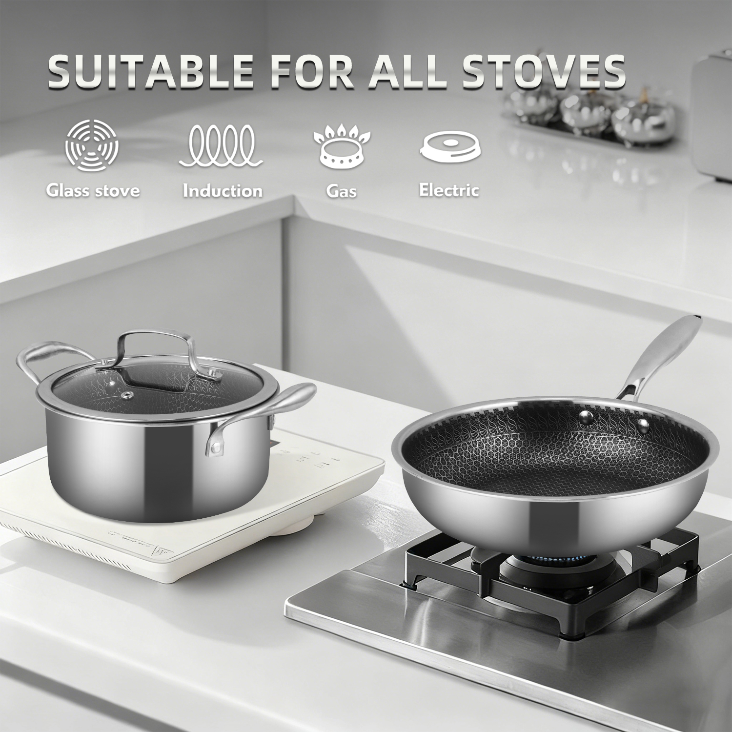 4Pcs Kitchen Induction Tri Ply 304/316 Stainless Steel Non Stick Honeycomb Cookware Set High Quality Pots and Pans Set with Lid · image 3