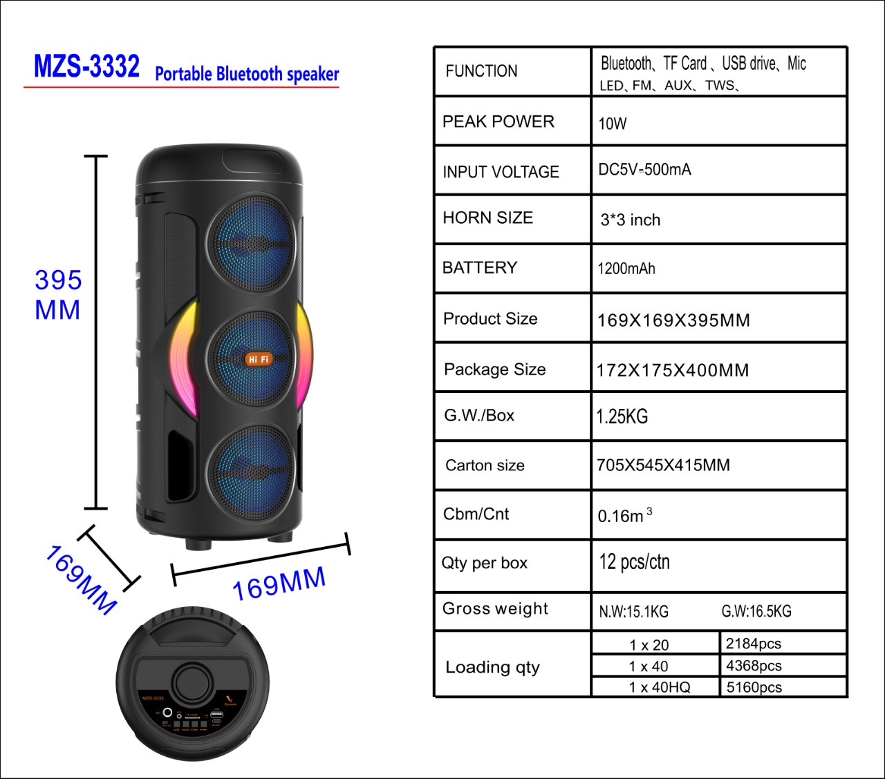 MZS-3332 Bluetooth Hoparlör, 3 İnç Subwoofer, RGB Işıklar, Taşınabilir