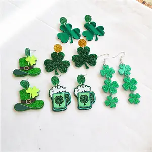 St. Patrick's Day Earrings Carnival Personalized Versatile Green Acrylic Sparkling Pink Clover Lucky Grass Earrings