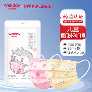 Masques chirurgicaux pour enfants Wellday, avec boucles auriculaires, petite taille, 3 plis, respirants, motif dessin animé, paquet de 10 - Product Image 3