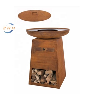Brasero haut avec compartiment pour le stockage du bois. Métal brun rouille. Facile à nettoyer avec des tiroirs, nécessite un assemblage. - Product Image 1