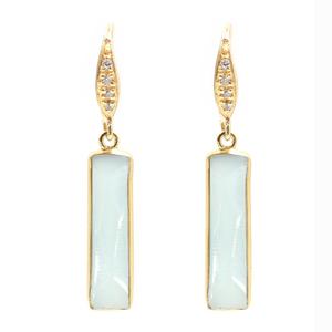 Boucles d'oreilles en chalcédoine aqua facettée 42-43 mm, serties d'argent, plaquées or 18 carats, forme rectangulaire avec fil d'oreille en zircon - Product Image 1