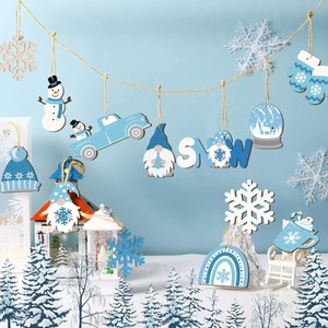 Ornements de Noël en bois bleus, flocons de neige, gnomes, bonhommes de neige, décorations suspendues pour la maison et les fêtes - Product Image 2