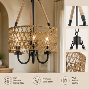Boho Woven Rattan Pendant <b>Light</b> With Iron Hemp <b>Rope</b> Shade Adjustable Height For Dining Room Restaurant Home Decor - Product Image 4