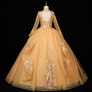 Vestido de quinceañera para niña Vestido de noche de pompa de lentejuelas de manga larga con cuello en V Princes vestido de baile hinchado - Product Image 3