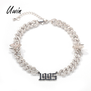 Bracelet de cheville personnalisé pour femmes, plaque avec nom portant l'année de naissance du zodiaque, lien cubain, bijoux de <span class=keywords><strong>pieds</strong></span> pour rappeur - Product Image 1
