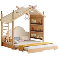 Lit mezzanine moderne en chêne massif pour enfants, taille Queen, avec toboggan, structure d'escalade, barres de grimpe, espace de rangement multifonctionnel et design gain de place