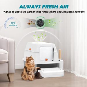 Bac à litière pour chat en acier inoxydable avec couvercle, entièrement fermé, grand bac à litière pour chat, entrée avant, sortie supérieure - Product Image 6