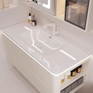 Meuble-lavabo mural blanc crème avec tiroir, étagère ouverte, miroir intelligent LED et vasque intégrée - Product Image 4