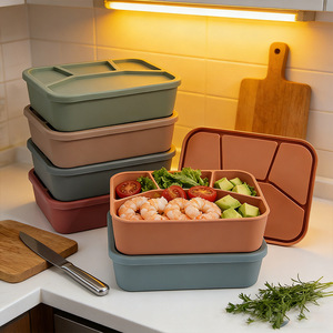 Silicone Compartmentalized Lunch Box With Lid Rectangle 4-Compartment Bento Box For Camping <b>Refrigerator</b> Microwave Safe - Product Image 2
