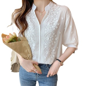 New Embroidery Hollow Middle Sleeve <b>Tops</b> Loose <b>Bubble</b> Sleeve Women's Thin Blouse Fashion - Product Image 6