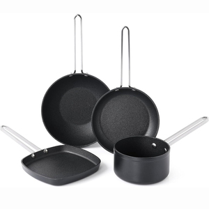 Ensemble de casseroles de cuisson de haute qualité avec revêtement antiadhésif, compatible gaz et induction, couvercle en verre, résistant au lave-vaisselle et au four, poignée en bois douce au toucher - Product Image 1