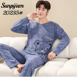 Pantaloni Casual a maniche lunghe da uomo comodi Set in spugna di cotone abbigliamento quotidiano essenziale per la casa abbigliamento da notte modello natalizio resistente - Product Image 1
