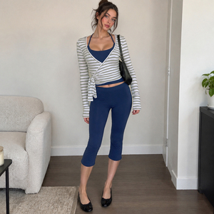 European casual halter <b>blue</b> <b>vest</b> stripe contrast tie cardigan tight flattering mid pants yoga wear set - Product Image 2