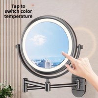 Miroir cosmétique mural double face pliable et extensible en acier avec fixation par ventouse, écran LED, écologique