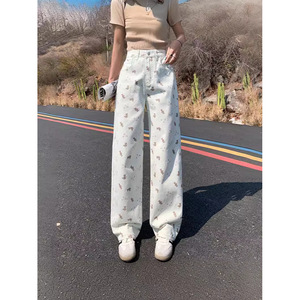 กางเกงยีนส์ทรงตรงเอวสูงลายดอกไม้หมีดำ ฮิโรมิ 2025 สำหรับผู้หญิง ผ้าฝ้ายบาง ใส่ได้ทุกโอกาส ทรงหลวมขากว้าง เหมาะกับฤดูใบไม้ผลิและฤดูใบไม้ร่วง - Product Image 4