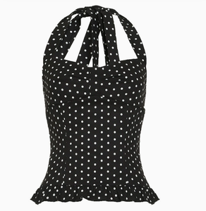 Top Halter Vintage Tejido <span class=keywords><strong>con</strong></span> Estampado de Puntos, Lazo, Espalda Fruncida Transpirable, Dobladillo <span class=keywords><strong>con</strong></span> <span class=keywords><strong>Volantes</strong></span>, Blusa Corsé, Camisola Elegante de Corte Ajustado para Mujer - Product Image 2