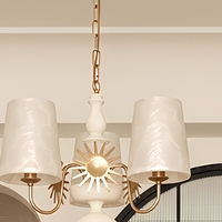 Lustre vintage en laiton finition vieillie, 3 lumières, abat-jour en tissu, luminaire suspendu pour salon