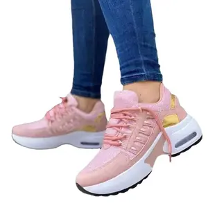 대형 여성 신발 플라이 짠 두꺼운 바닥 웨지 힐 라운드 발가락 레이스 메쉬 통기성 캐주얼 스니커즈