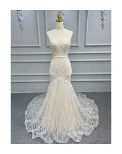 Seksi tül dantel backless uzun kuyruk köpüklü kristal boncuklu lüks düğün elbisesi es mermaid ruffled düğün elbisesi 2023