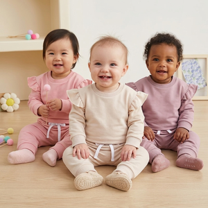 Set di 2 Pezzi <span class=keywords><strong>per</strong></span> Bambina con Volant, Completo in Cotone Tinta Unita con Felpa e Pantaloni, Outfit Casual Sportivo <span class=keywords><strong>per</strong></span> Neonati - Product Image 1