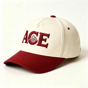 Two Tone Cream Burgundy 5-Panel Baseball <b>Cap</b> ACE <b>Mountain</b> Embroidery Canvas Structured Baseball Hat Adjustable Unisex Casual <b>Cap</b> - Product Image 3