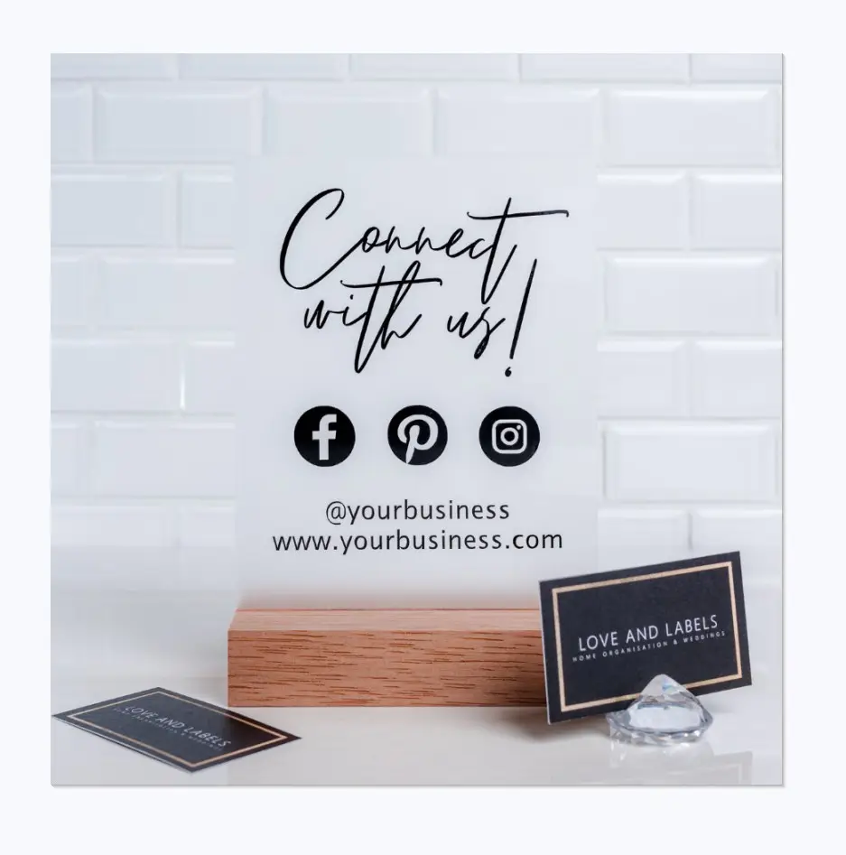 Counter Top Social Media Business Sign Custom Houten Basis Acryl Website Logo Teken Qr Code Plaat