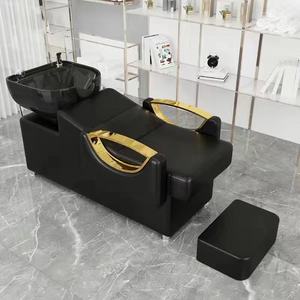 K Factory Venta al por mayor Camas de lavado de cabello negras y doradas con lavabos de cerámica blancos/negros, de cuero PU, ecológicas, para salones de belleza, salas de estar y baños - Product Image 2