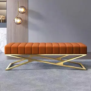 现代客厅家具沙发凳 & 奥斯曼织物天鹅绒床头凳长椅不锈钢框架鞋凳