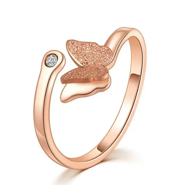 Rose Gold Cubic Zircon Titanium Steel Stainless Steel Opening Adjustable Butterfly Ring For Women Double Layered Butterfly