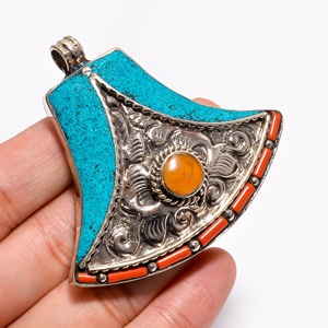 Colgante de plata con piedras preciosas de coral turquesa natural, joyería antigua nepalí de plata tibetana, proveedor de joyería de piedras preciosas de plata antigua - Product Image 2