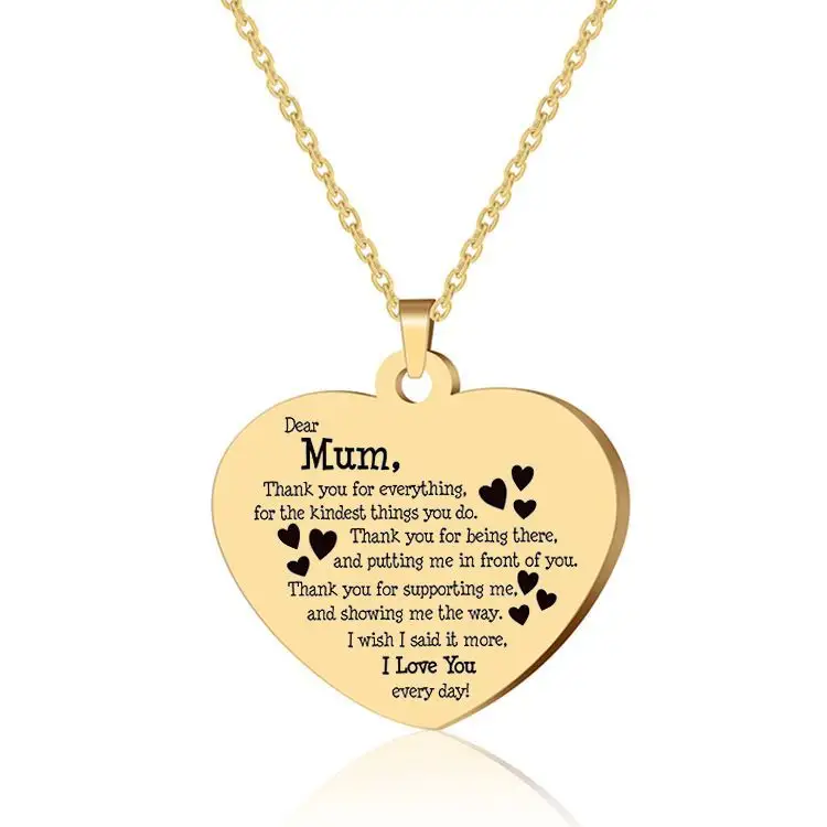 Popular Stainless Steel Heart Charm Necklace Keyring Customized Letters Contents For Mum Mother's Day Gift Jewelry