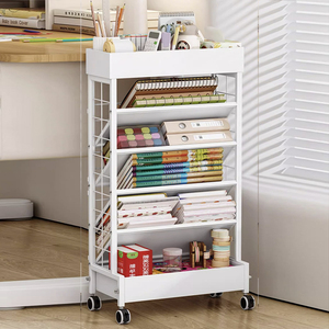 Bookshelf Book Cart Rack Metal Bookcase 5 Tier Holder with Wheels Magazines Files Album <strong>Recipe</strong> Book Storage Organizer - Product Image 1