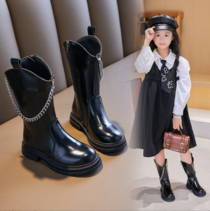 Bottes de mode pour filles, noires, hautes jusqu'au genou, avec chaîne latérale, en cuir, style princesse, pour l'automne, bottes chaudes et plates pour enfants - Product Image 2
