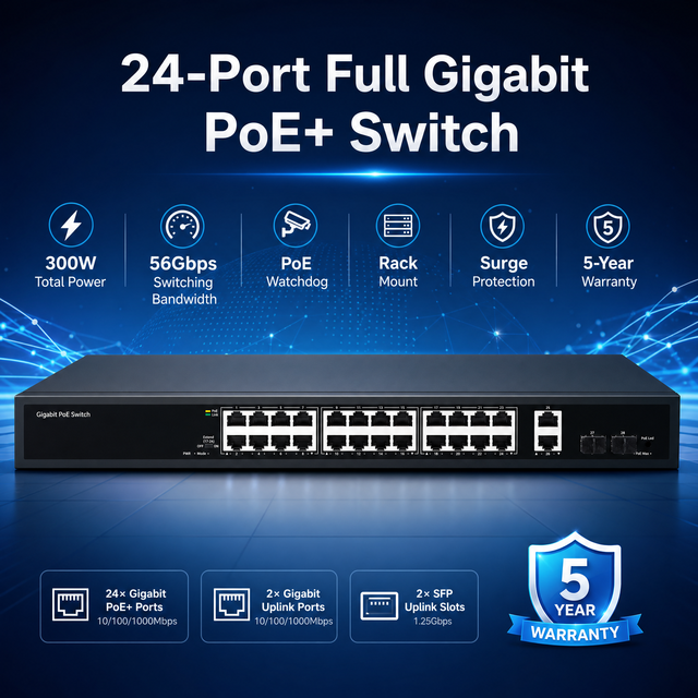 24 Port 10 100 1000M Intelligent PoE Switch 400W 1U Rack Mount Watchdog QOS VLAN 5 Years Warranty