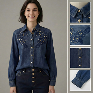 <span class=keywords><strong>Camicia</strong></span> in Denim Vintage Stile Western 2026 con Ricami Floreali, Maniche Lunghe e Bottoni Dorati per <span class=keywords><strong>Donna</strong></span> - Product Image 1