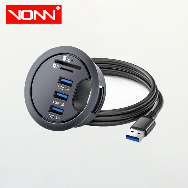 USB Desk Hub Flush Mount 5 Port USB 3.0 SD/Micro SD & TF Card Reader Adapter No Plug Required in Stock for Desktop PC