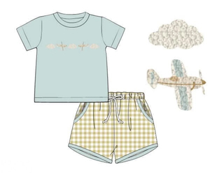 Ensemble 2 pièces T-shirt et short en coton et élasthanne brodé avion pour bébé garçon, collection été, prêt à expédier, vente en gros de vêtements pour enfants - Product Image 4