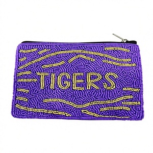 Beaded <b>Coin</b> <b>Purse</b> Purple Yellow Tigers Zipper Closure Handmade Mini Unisex Creative Fashion - Product Image 1