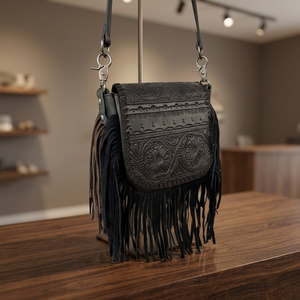 Bolso de Hombro de Cuero Estilo Bohemio con Borlas, Flecos y Flores en Relieve, Cierre de Broche, para Uso Diario en Todas las Estaciones, Bolsos de Mano para Mujer - Product Image 1