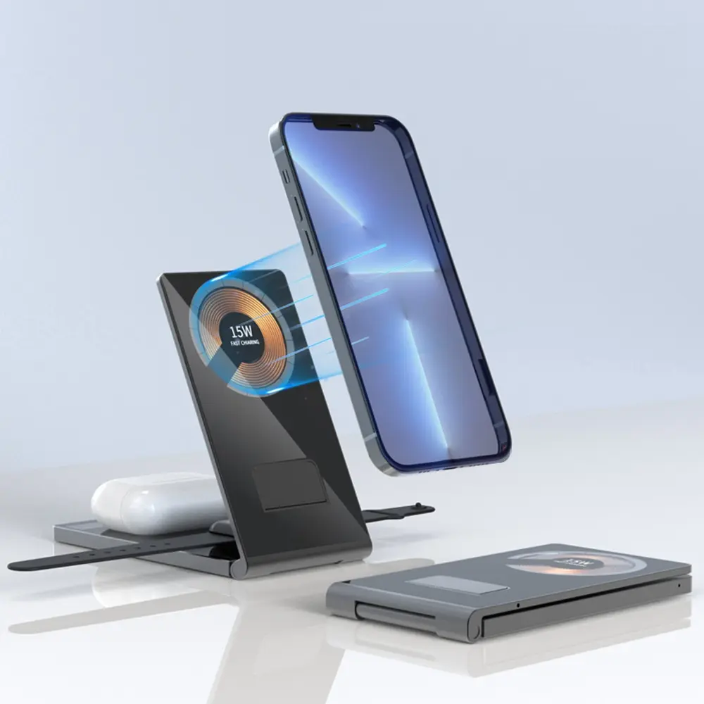 Foldable Qi Phone Stand Holder Magnetic 3In1 Wireless Chargers Usb C 15W Fast 3 In 1 Universal Wireless Charger Charging Station