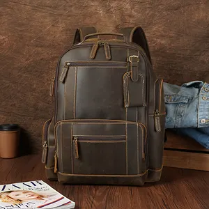 Hot Sale Customized Full Grain Crazy Horse Genuine Leather Cow Backpack Bag Men Vintage 15.6 inches Laptop Backpack