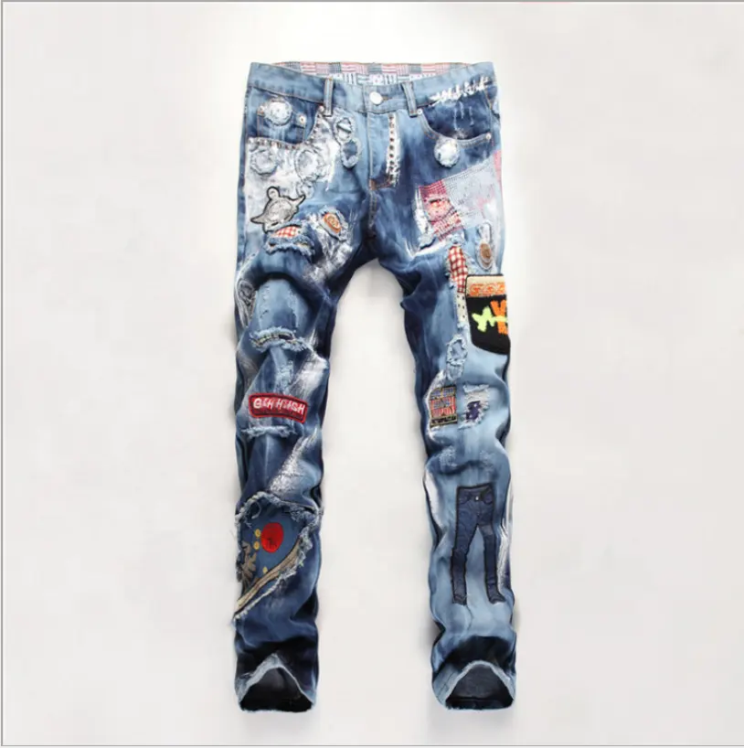 Custom Biker Pattern Pants Trouser Ripped Straight Patchwork Printing Fabric Inside Waist Rivet Streetwear Punk Men Torn Jeans