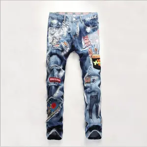 Брюки мужские рваные с заклепками, байкерские брюки с принтом внутри талии, рваные прямые джинсы в стиле панк, уличная одежда на заказ